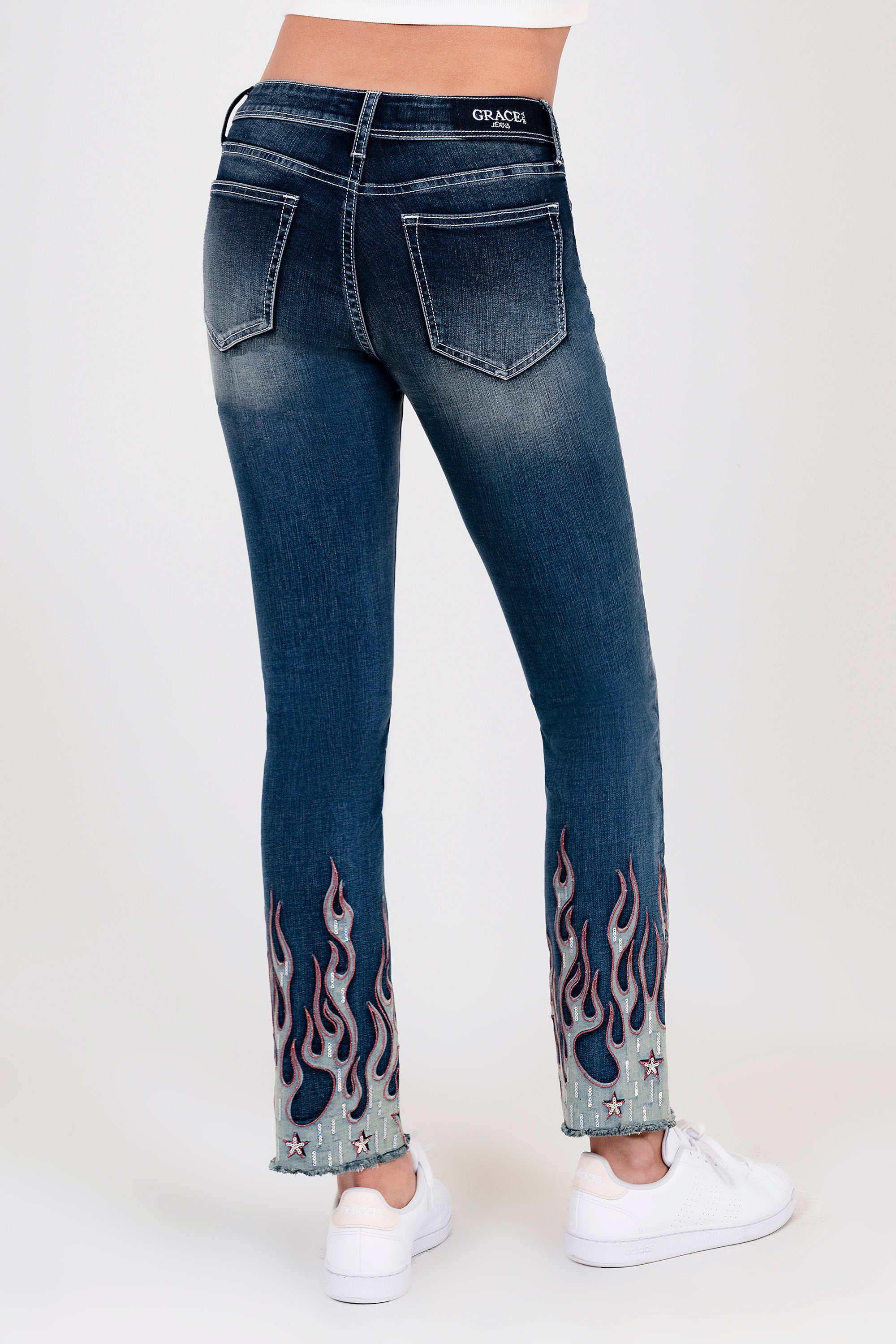 The Trim Detail Bottom Med Blue Mid Rise Straight Leg Jeans