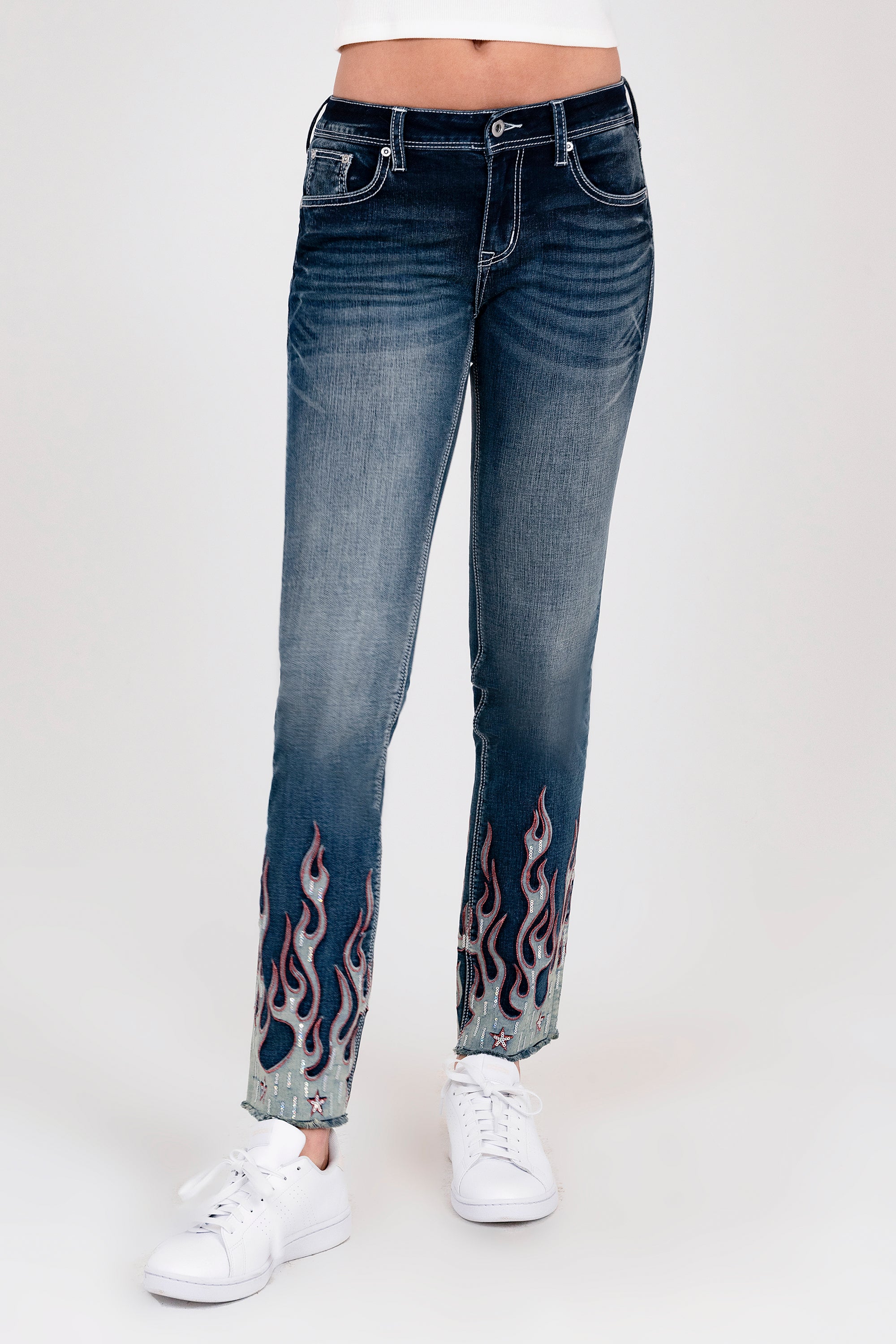 The Trim Detail Bottom Med Blue Mid Rise Straight Leg Jeans