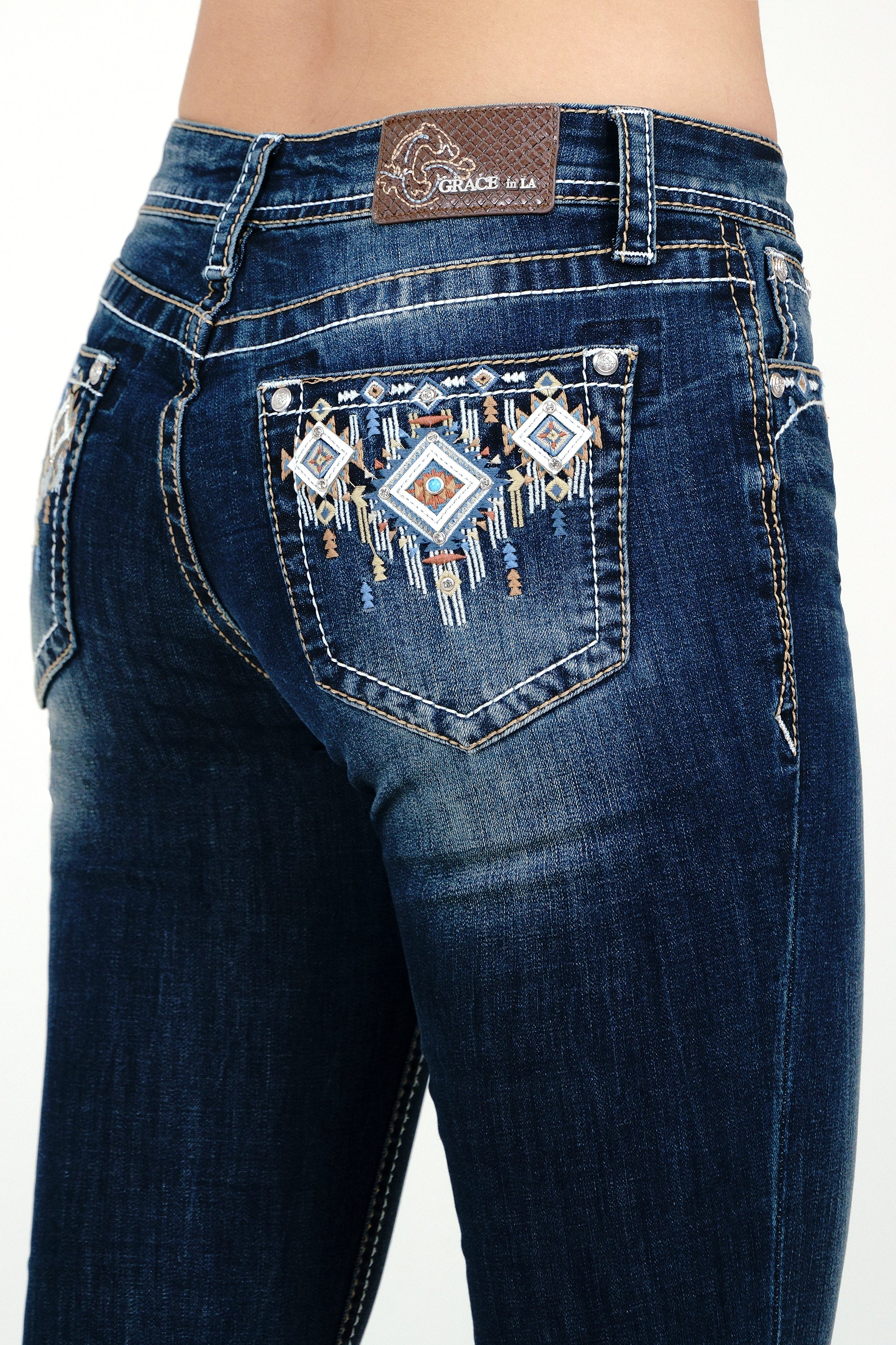 Aztec Colorful Embroidery Mid Rise  Bootcut Jeans