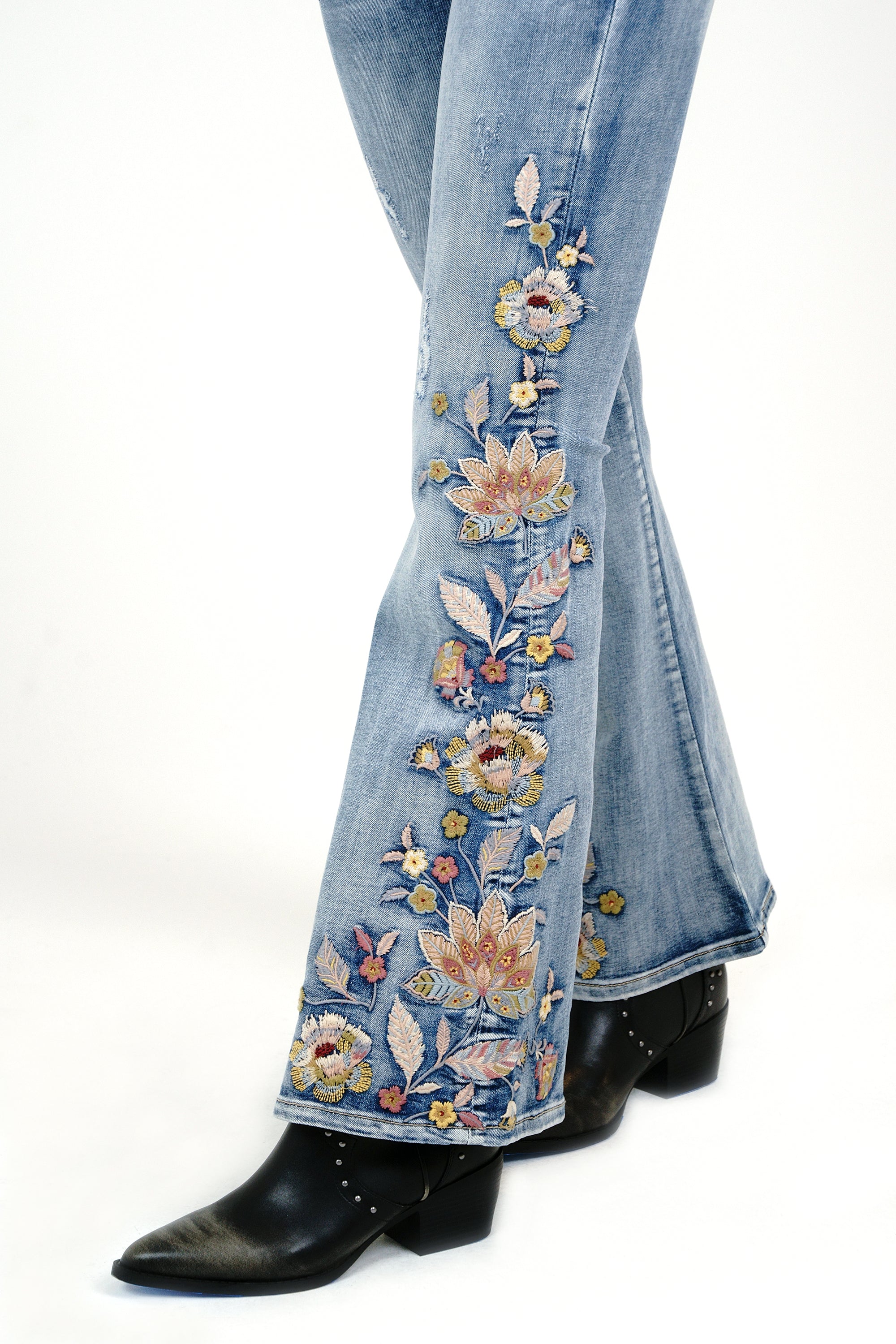 Floral Embroidery Detail High waist Flare