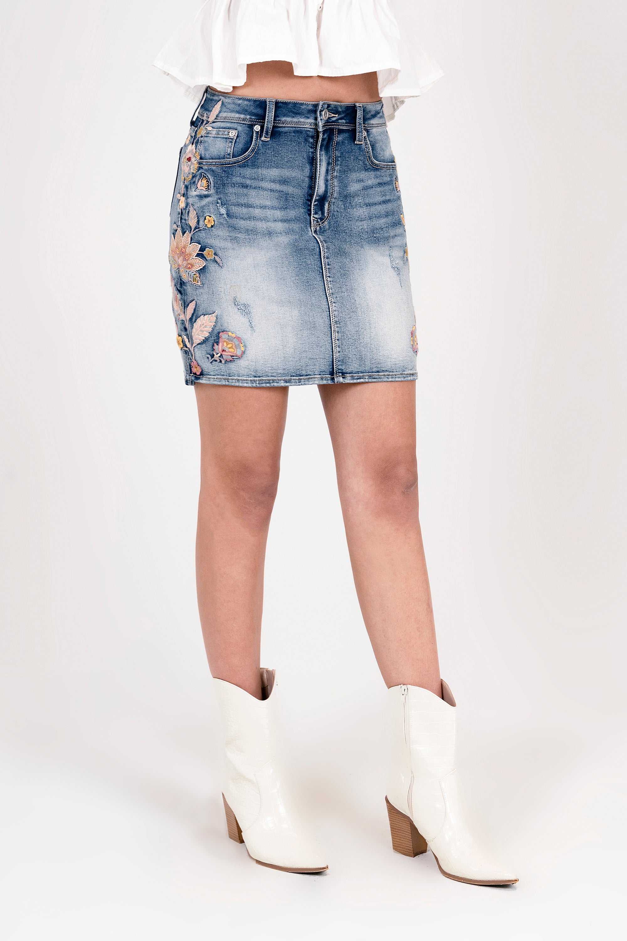 Feather Colorful Embroidery Denim Short Skirt