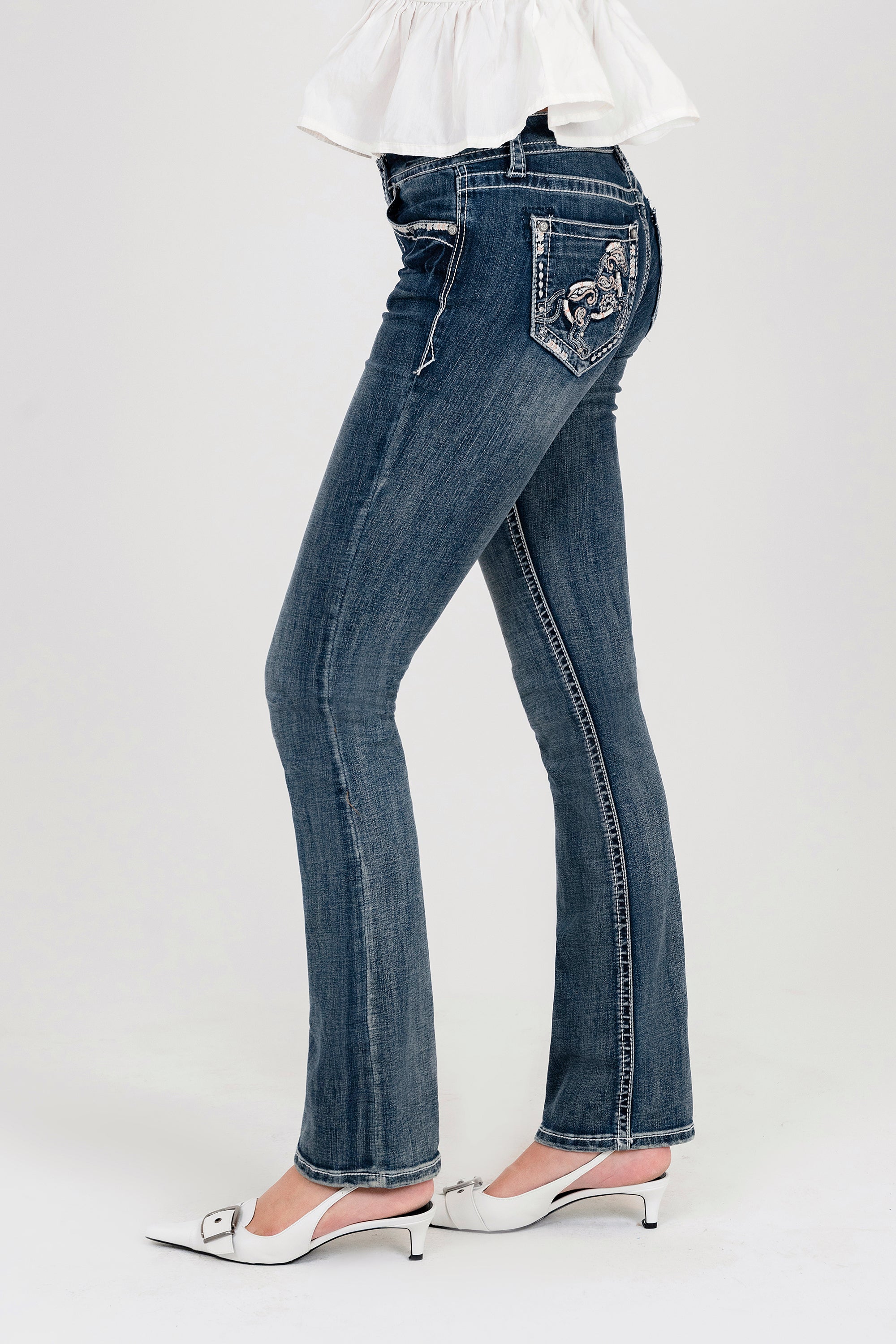 Horse Modify Embroidery Mid Rise  Bootcut Jeans