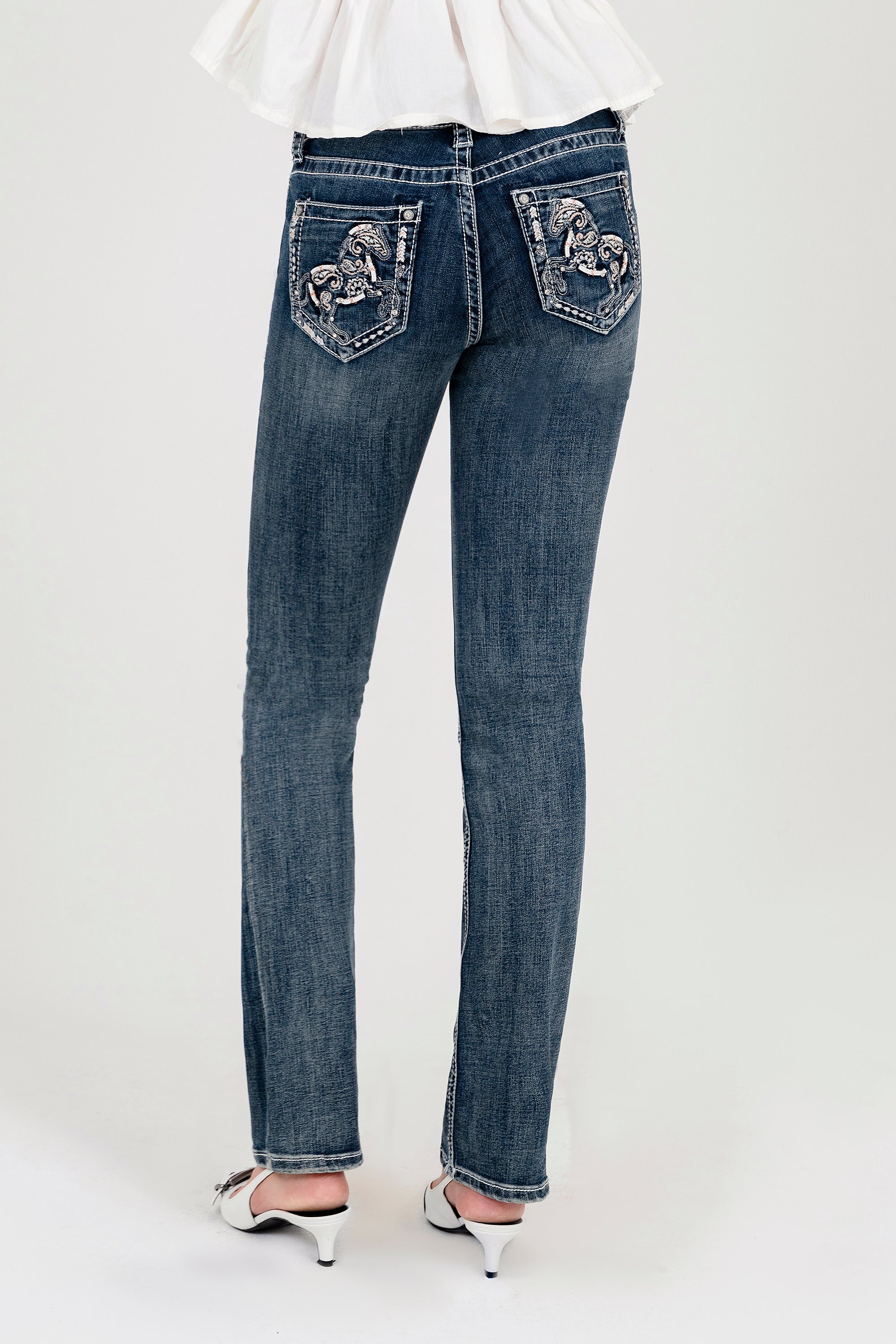 Horse Modify Embroidery Mid Rise  Bootcut Jeans