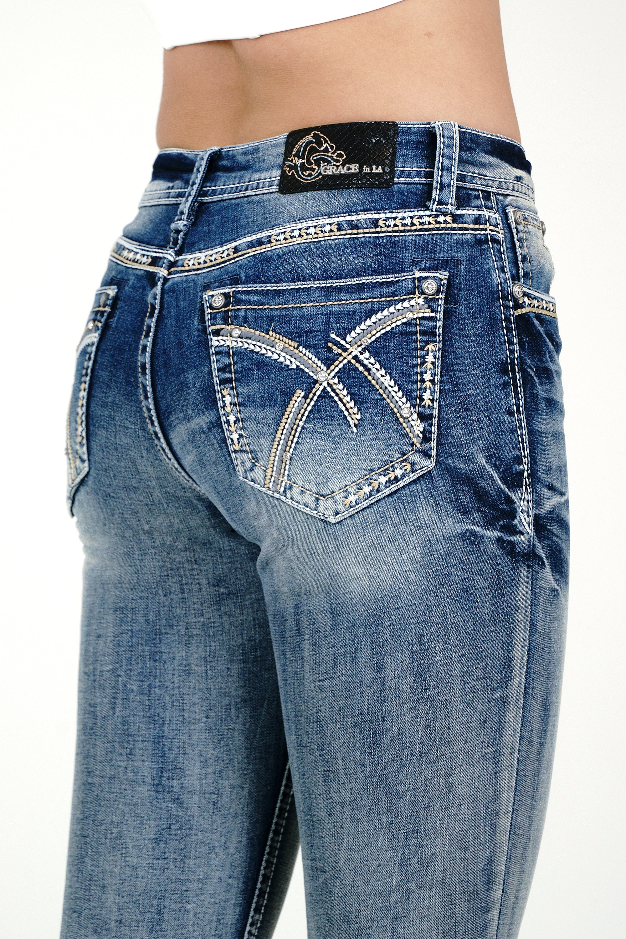 Simple "X" Stitches Embroidered Mid Rise Bootcut Jeans