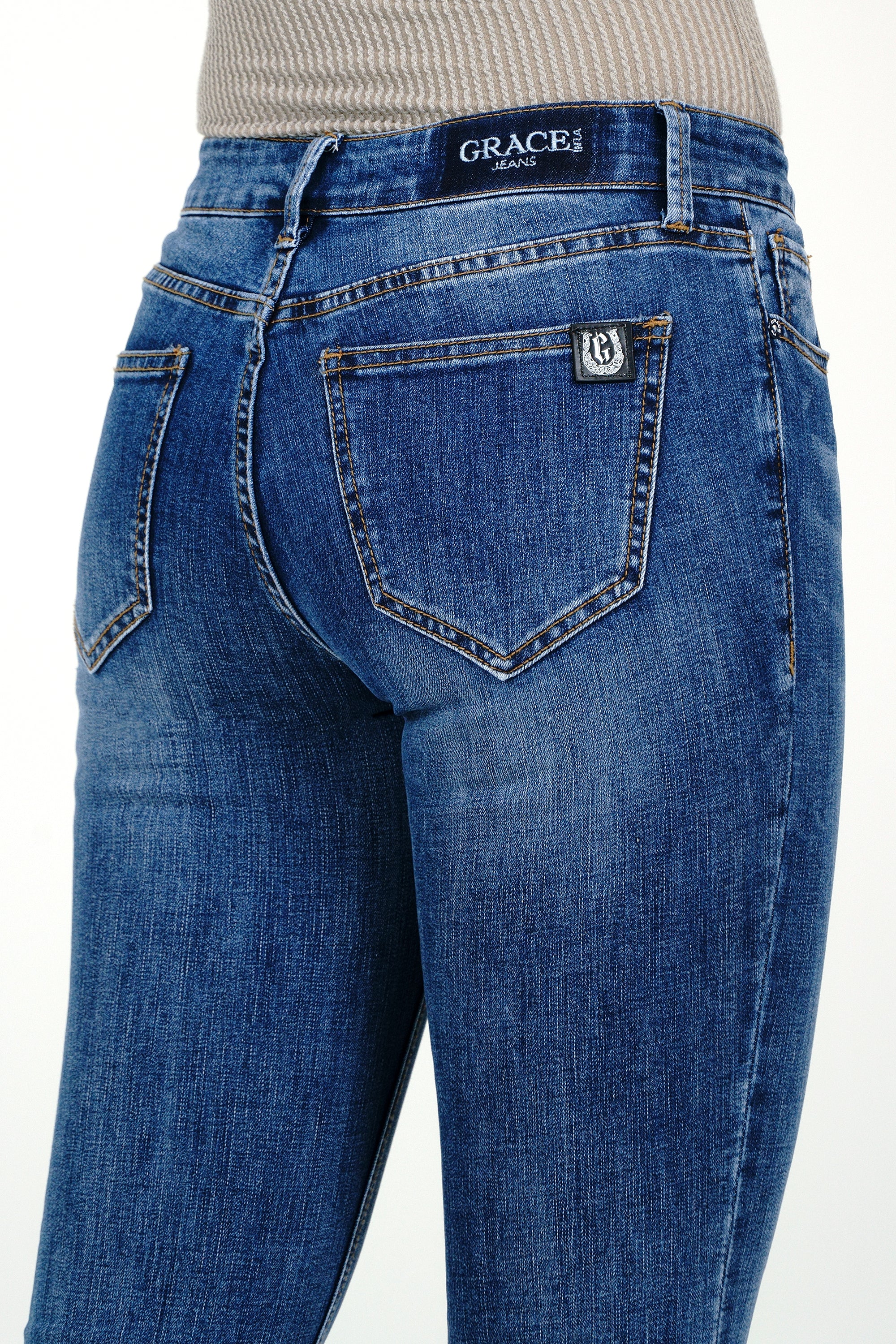 The Trim Detail Bottom Med Blue Mid Rise Straight Leg Jeans