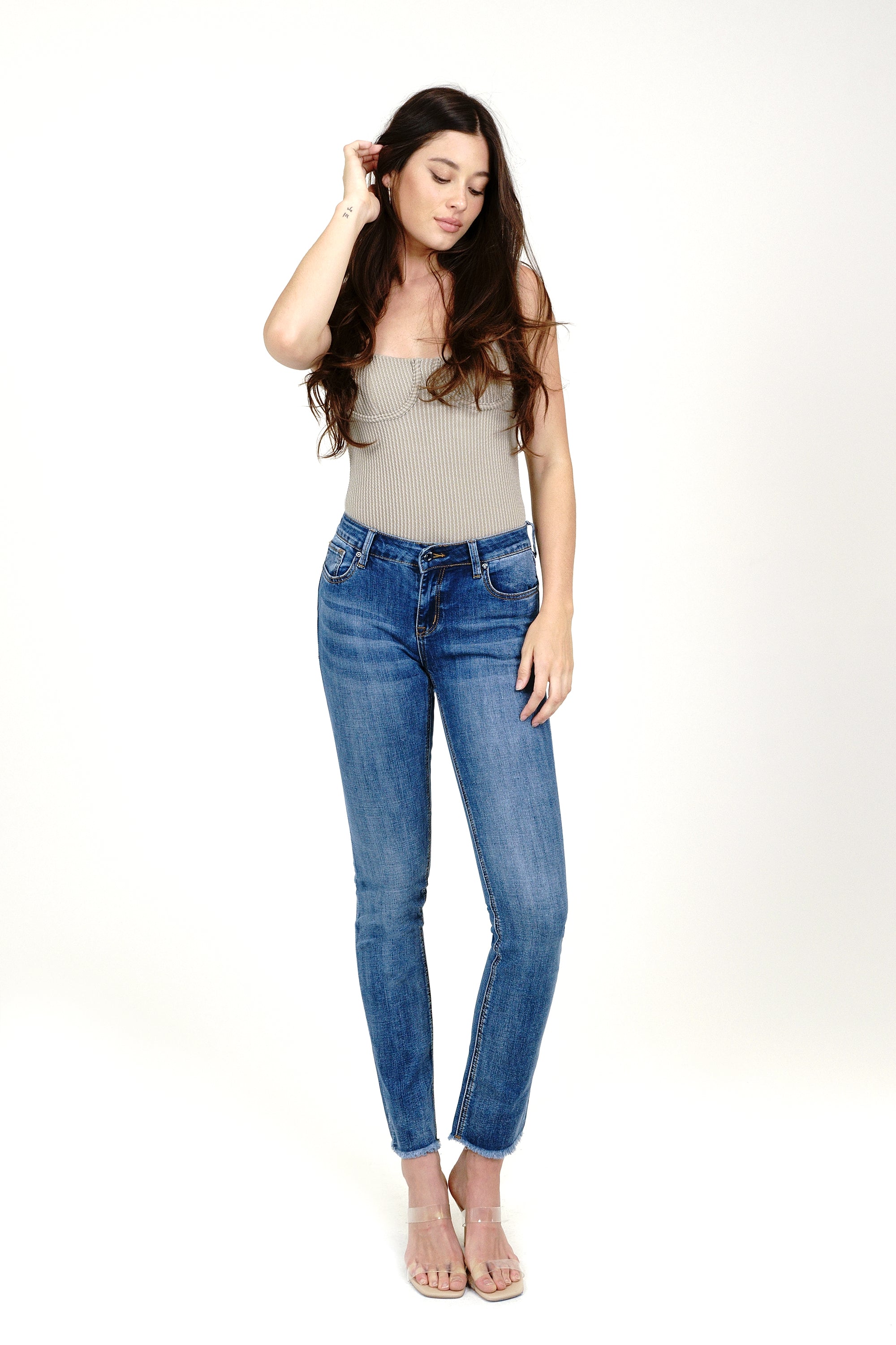 The Trim Detail Bottom Med Blue Mid Rise Straight Leg Jeans