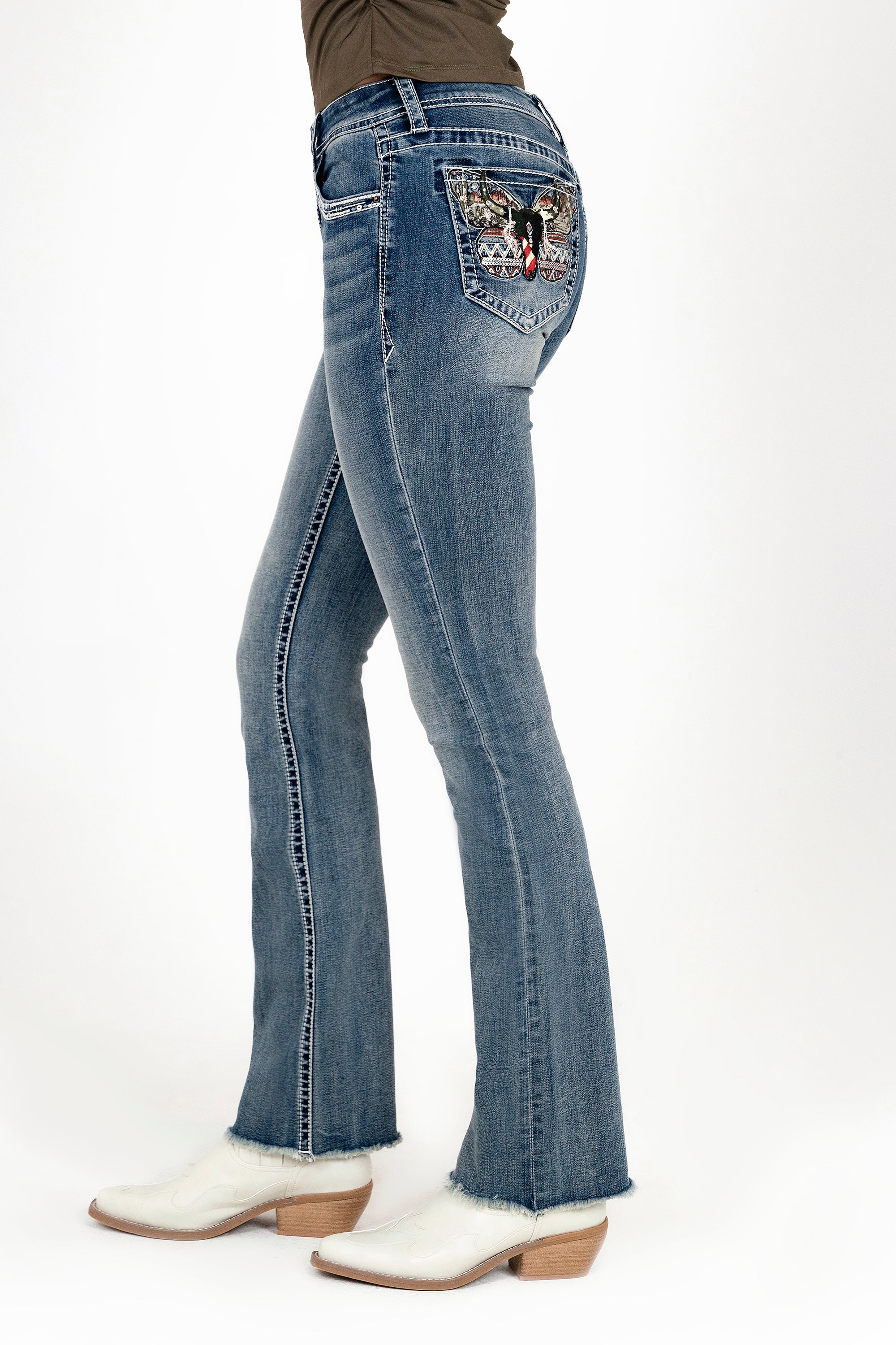 Butterfly Embroidery Mid Rise Bootcut Jeans