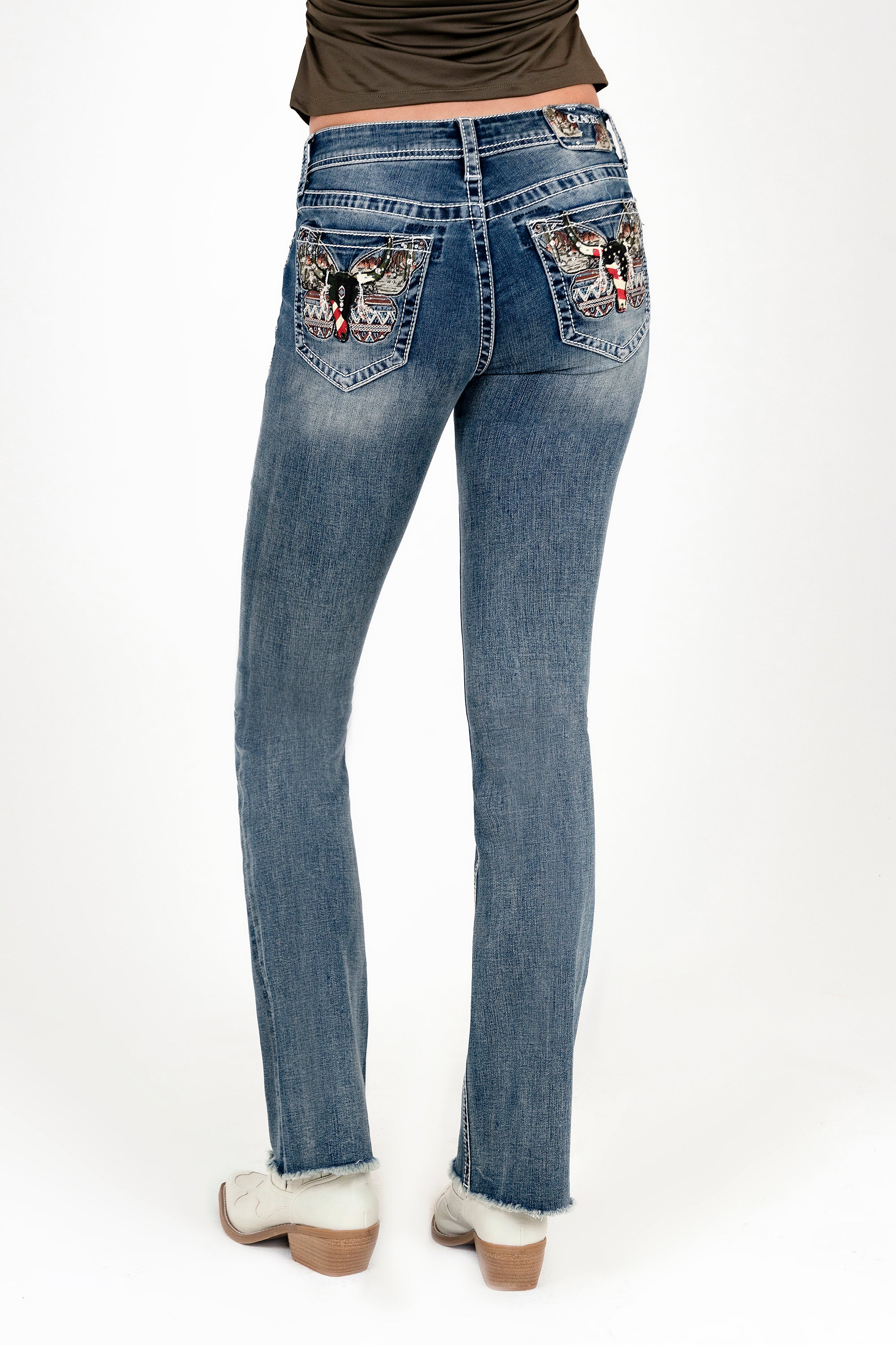 Butterfly Embroidery Mid Rise Bootcut Jeans