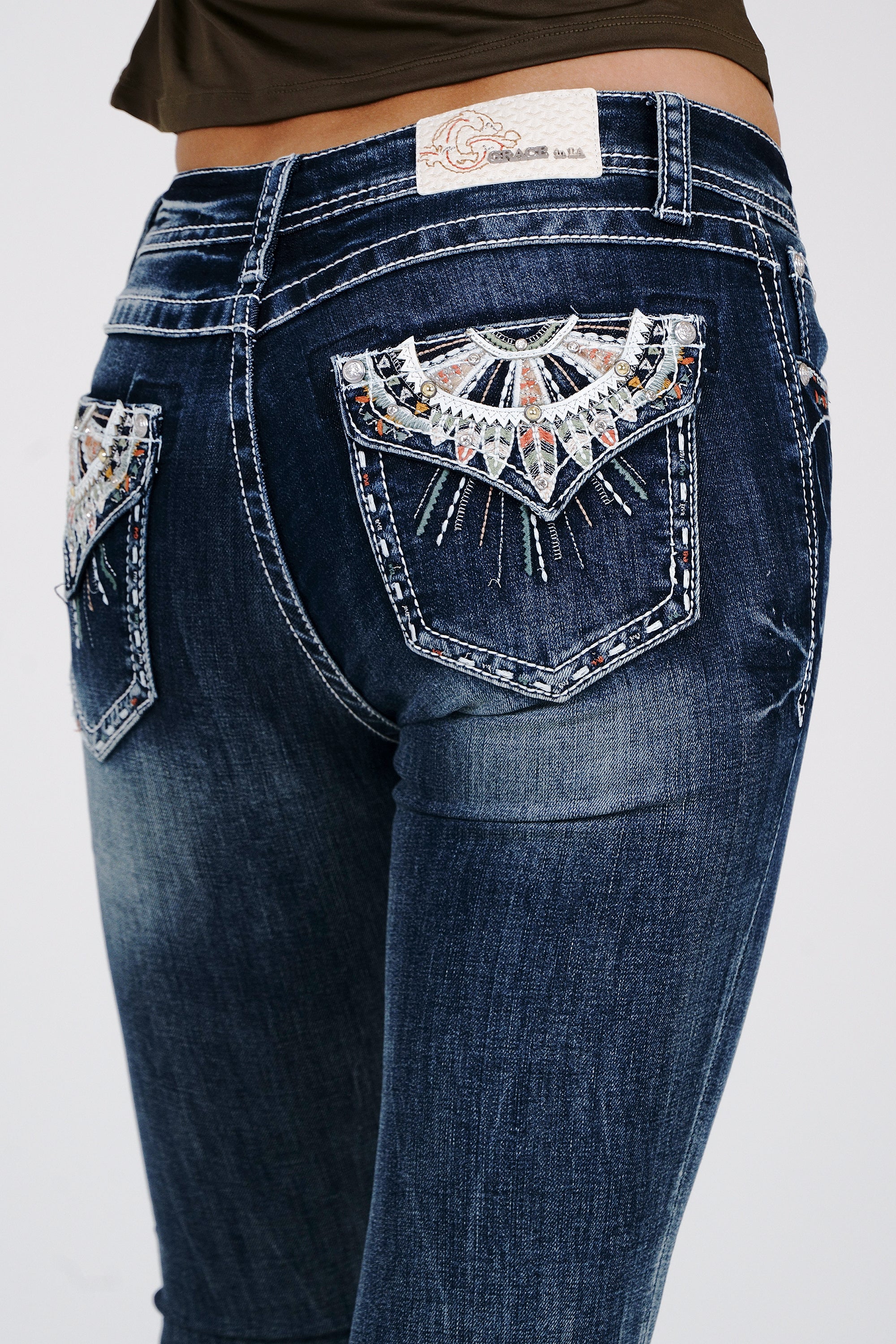 Dream Catcher Embroidery Faux Flap Mid Rise  Bootcut Jeans