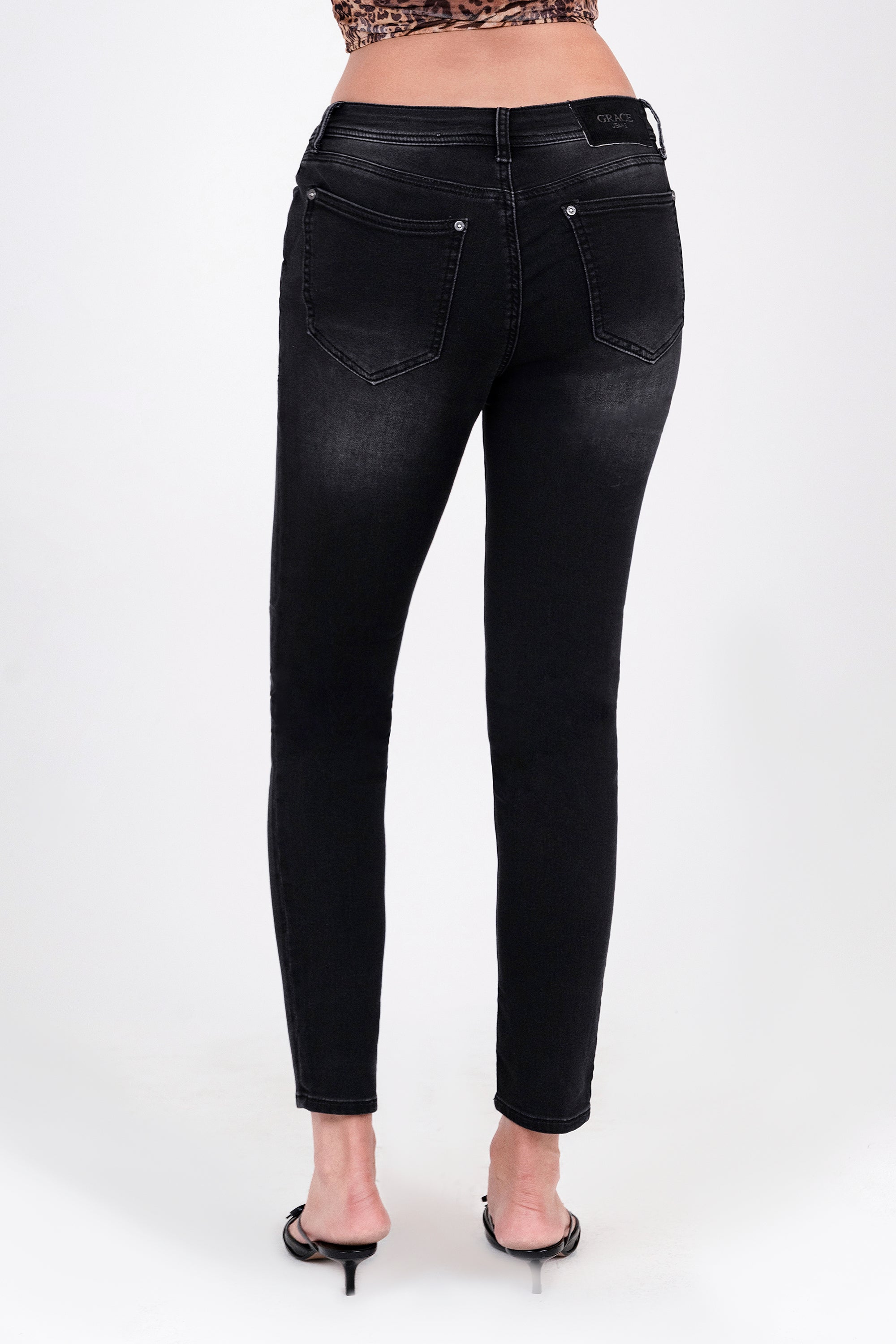 Basic Black Soft Denim Mid Rise Skinny Jeans Grace in LA