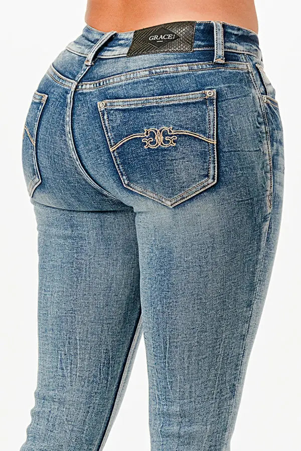 Double "G" Embroidered Mid Rise  Bootcut Jeans Grace in LA - Denim