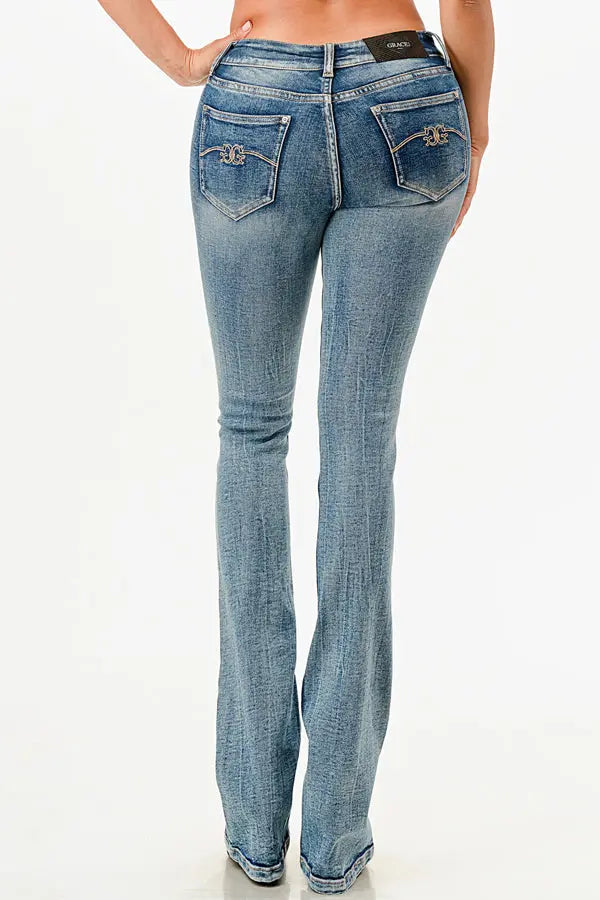 Double "G" Embroidered Mid Rise  Bootcut Jeans Grace in LA - Denim