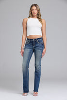 Grace in LA bootcut jeans full rear view with symmetrical wing embroidery on both back pockets