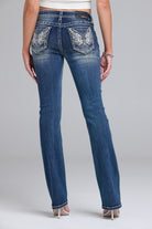 Grace in LA women's medium wash mid-rise bootcut jeans, front-facing view with wing embroidery and rhinestones