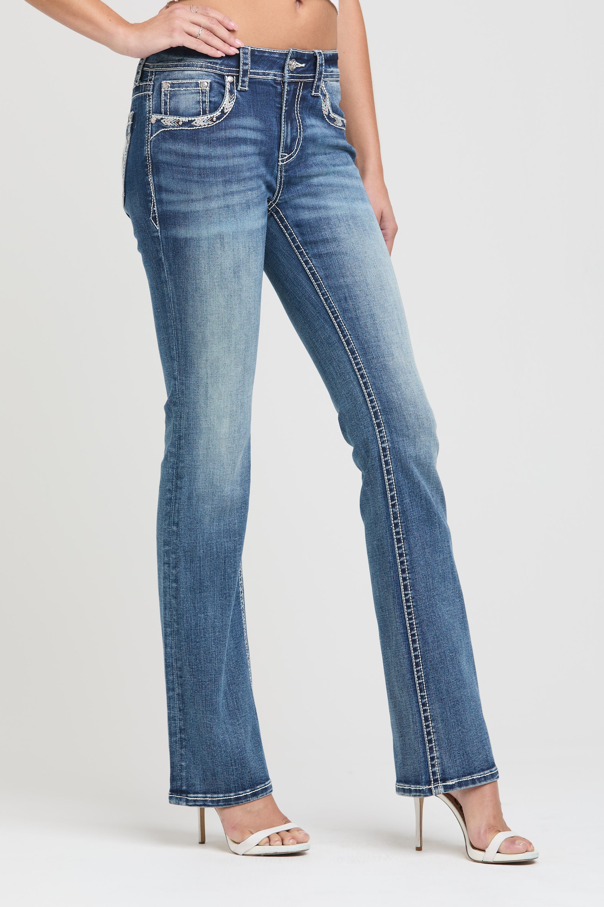 Cross Modify Mid Rise Bootcut Embroidered Jeans