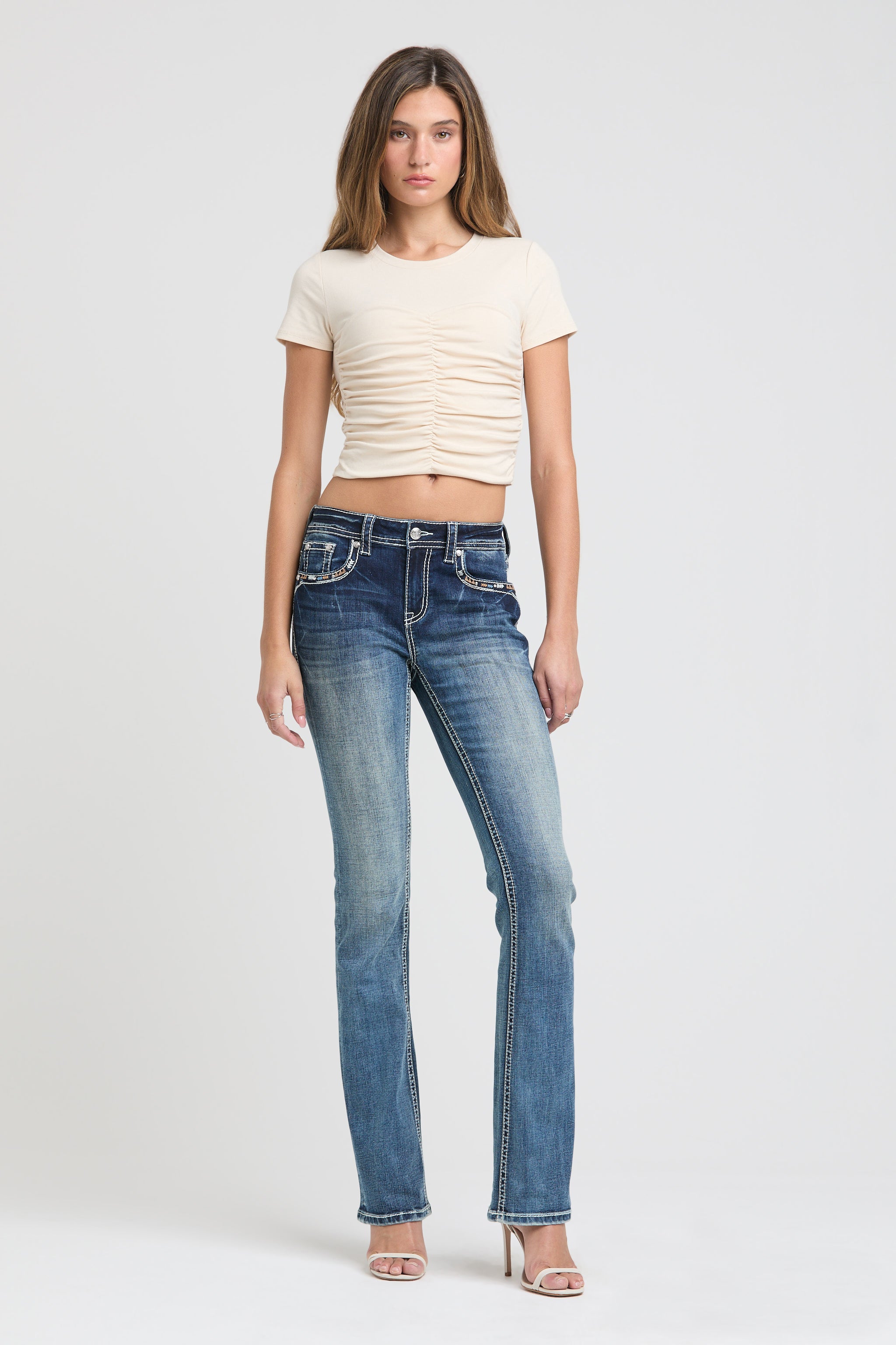 Aztec Colored Embroidery Mid Rise Bootcut Jeans