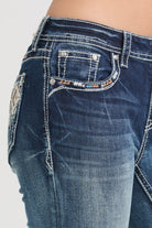 Grace in LA womens bootcut jeans with western embroidered arrowhead front pocket and rhinestone trim detail.