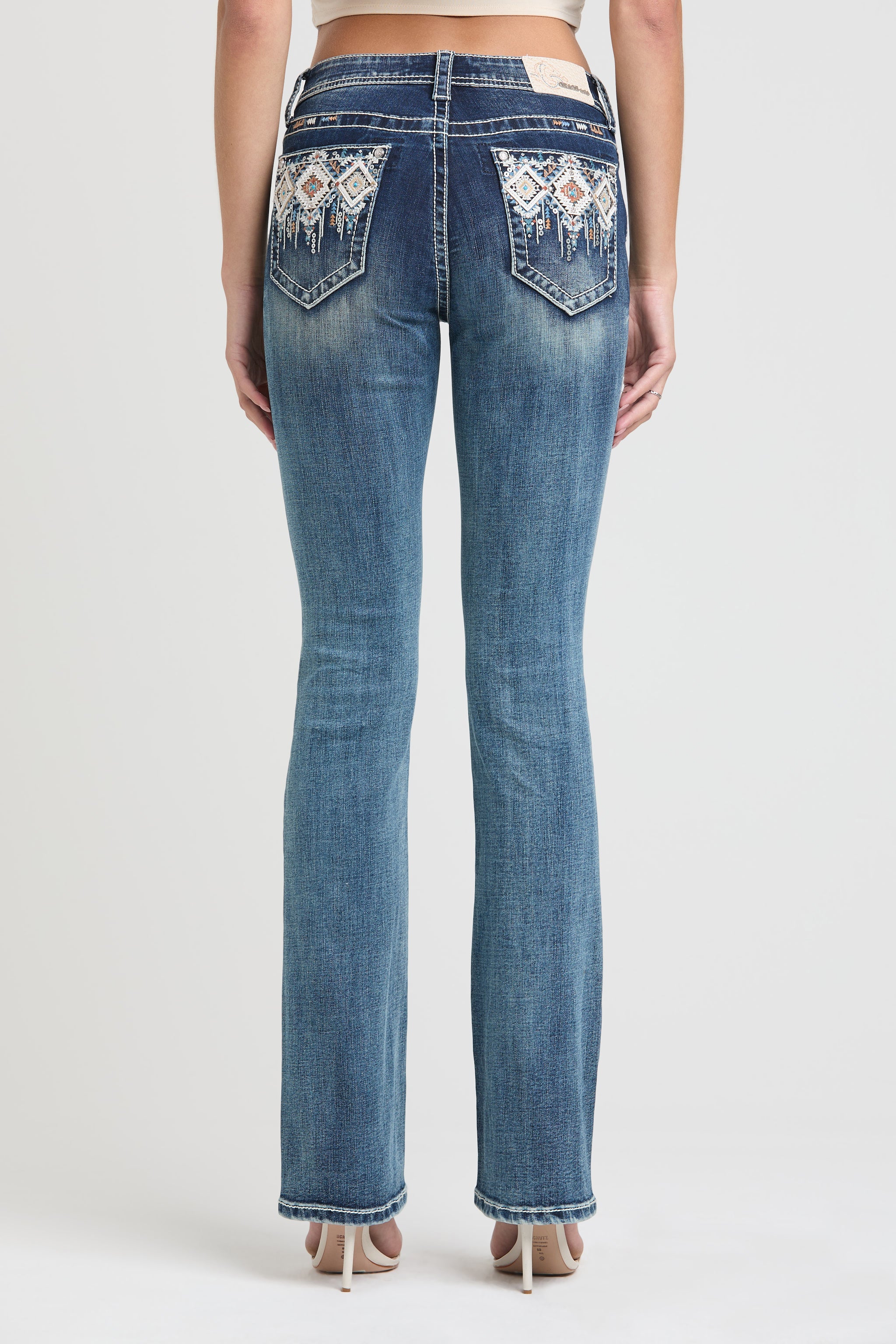 Aztec Colored Embroidery Mid Rise Bootcut Jeans
