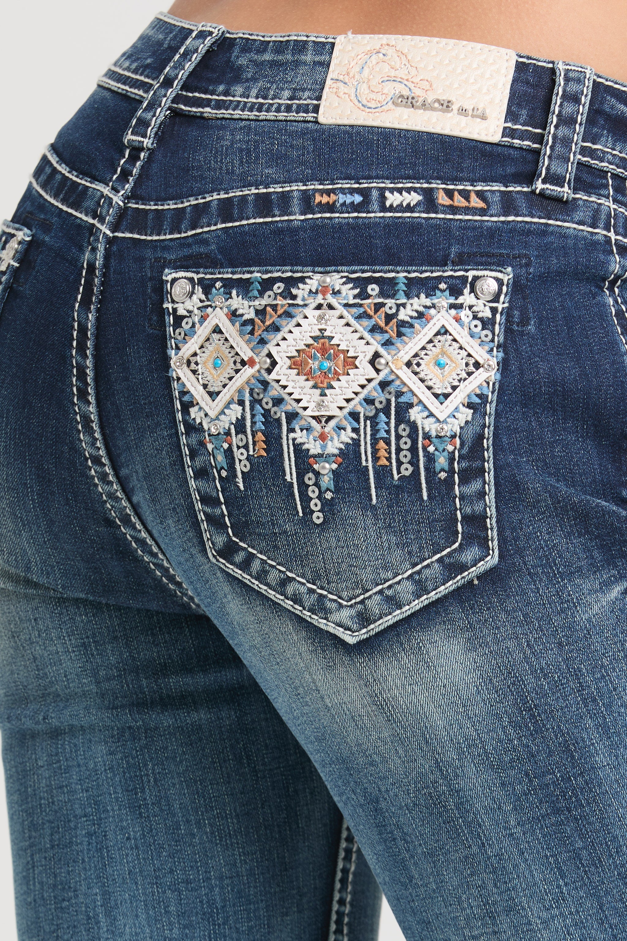 Aztec Colored Embroidery Mid Rise Bootcut Jeans