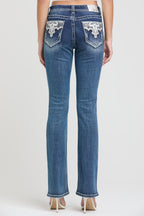Steer Head Embroidery Mid Rise Bootcut Jeans