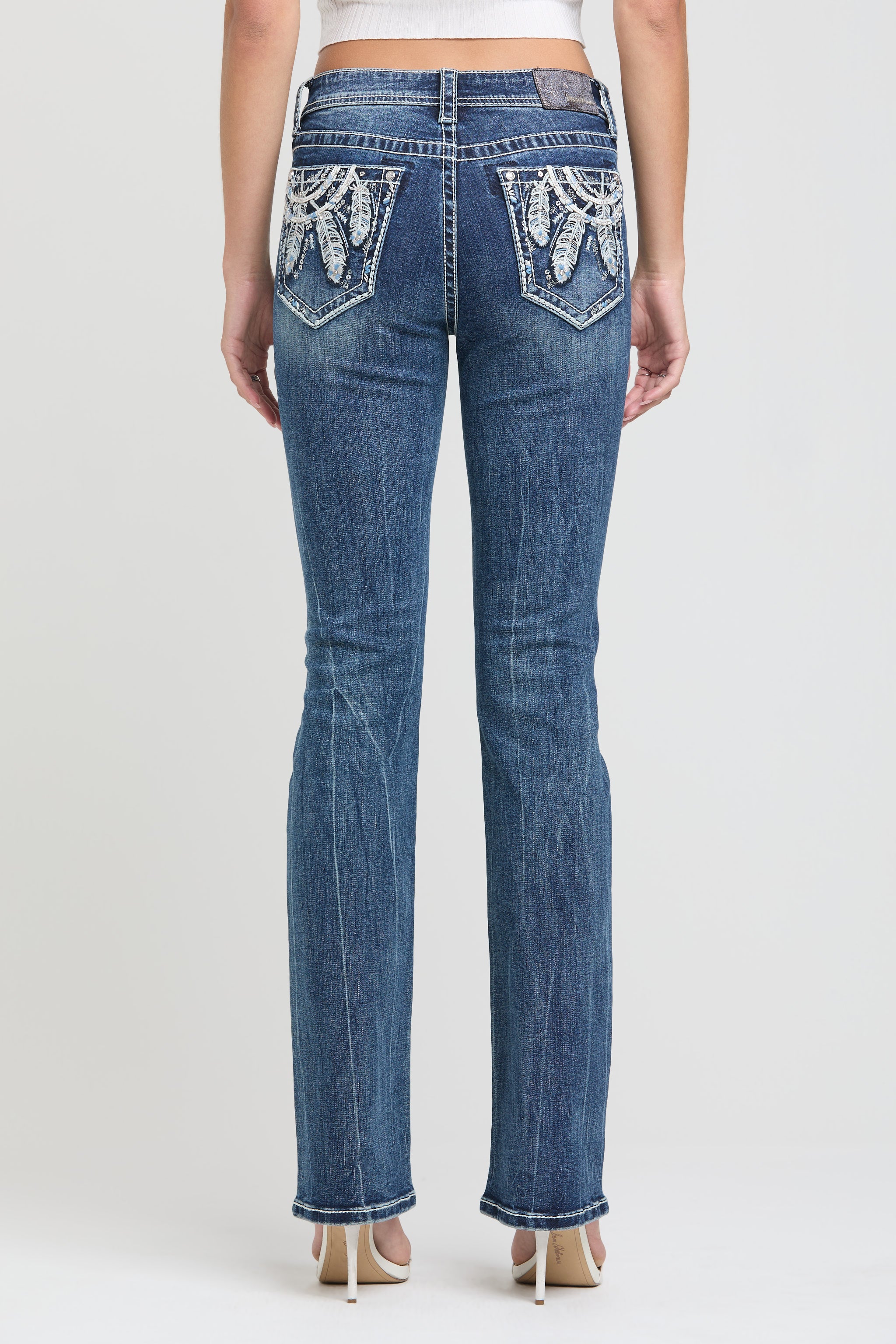 Feather  Embroidery Mid Rise Bootcut Jeans