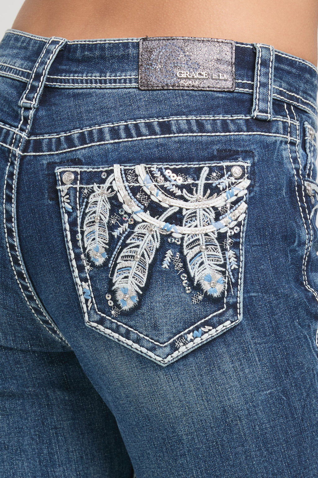 Feather  Embroidery Mid Rise Bootcut Jeans Grace in LA - Denim