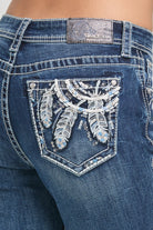 Feather  Embroidery Mid Rise Bootcut Jeans Grace in LA - Denim