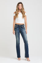 Grace in LA womens bootcut jeans in a dark featuring western-inspired floral embroidery and intricate rhinestone embellishments on the front and back pockets.
