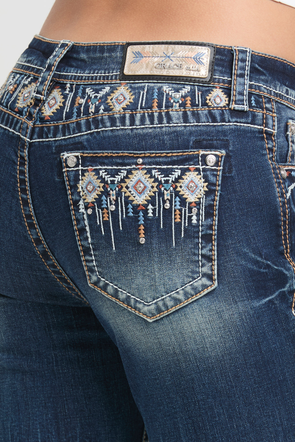 Aztec Colored Embroidery Yoke Bootcut Jeans