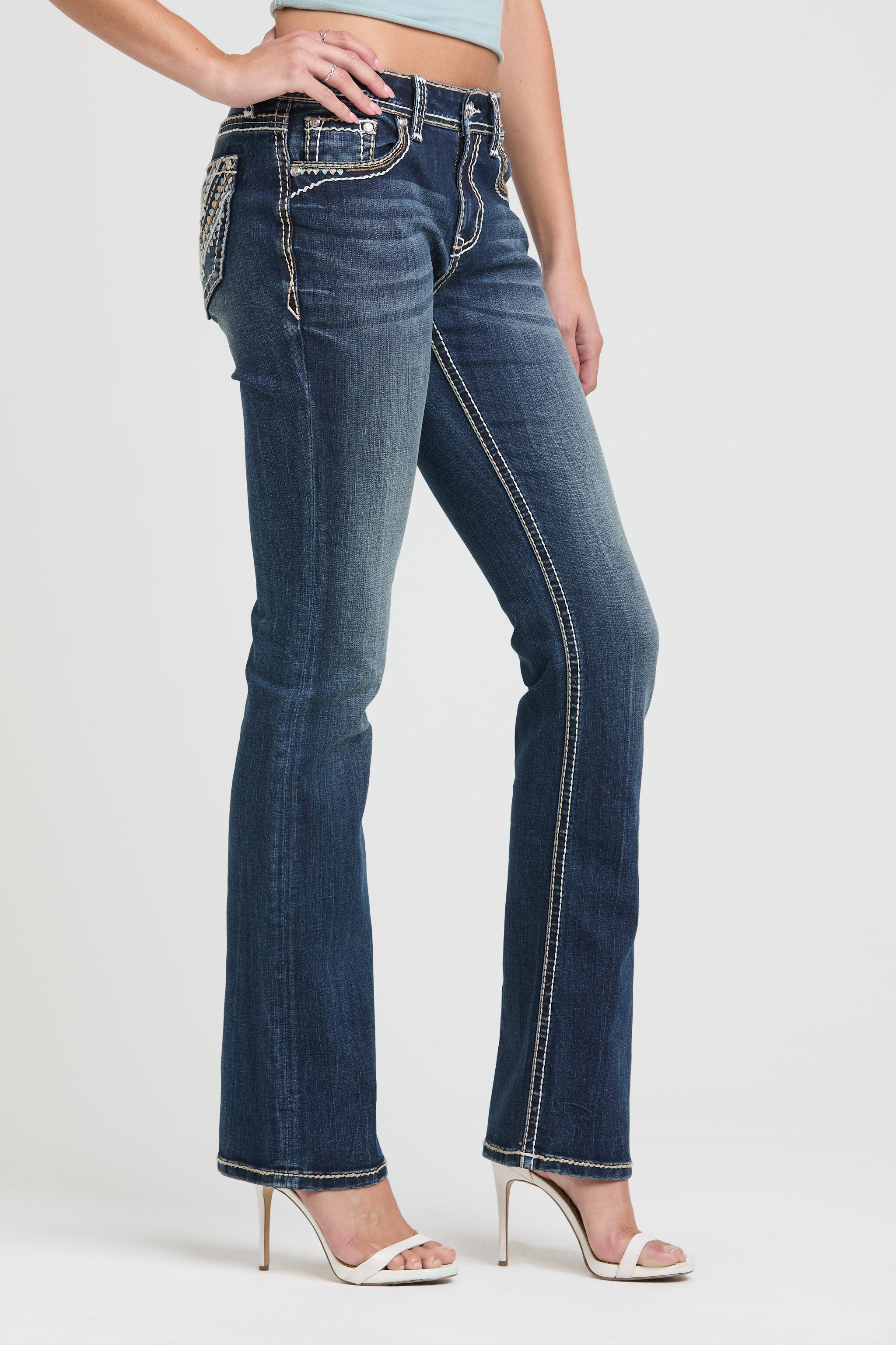 Womens bootcut jeans Full-length side profile showcasing the fit and leg shape of Grace in LA with Aztec embroidery.