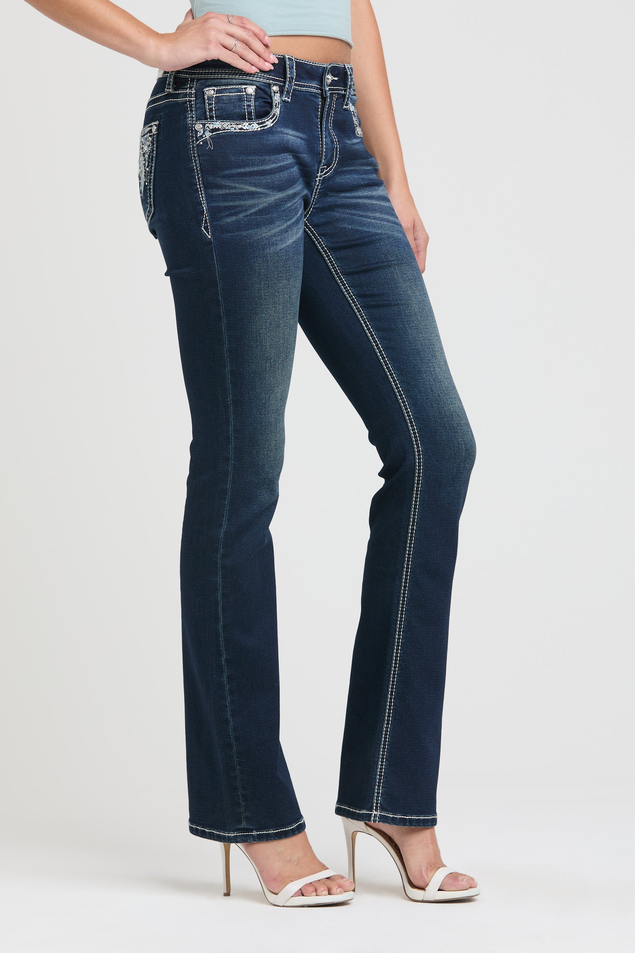 Feather Embroidery Mid Rise Bootcut Soft Denim Jeans