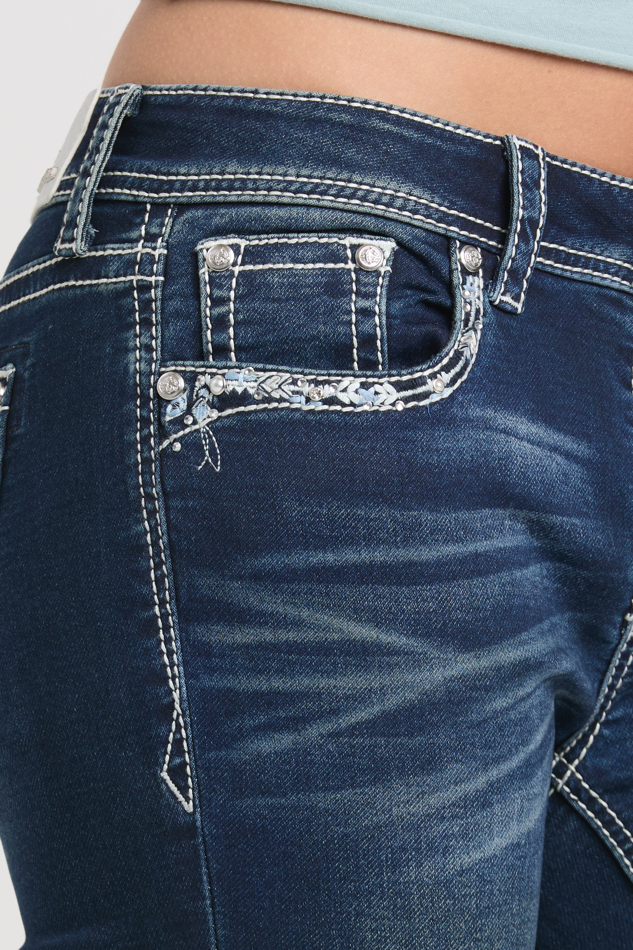 Feather Embroidery Mid Rise Bootcut Soft Denim Jeans
