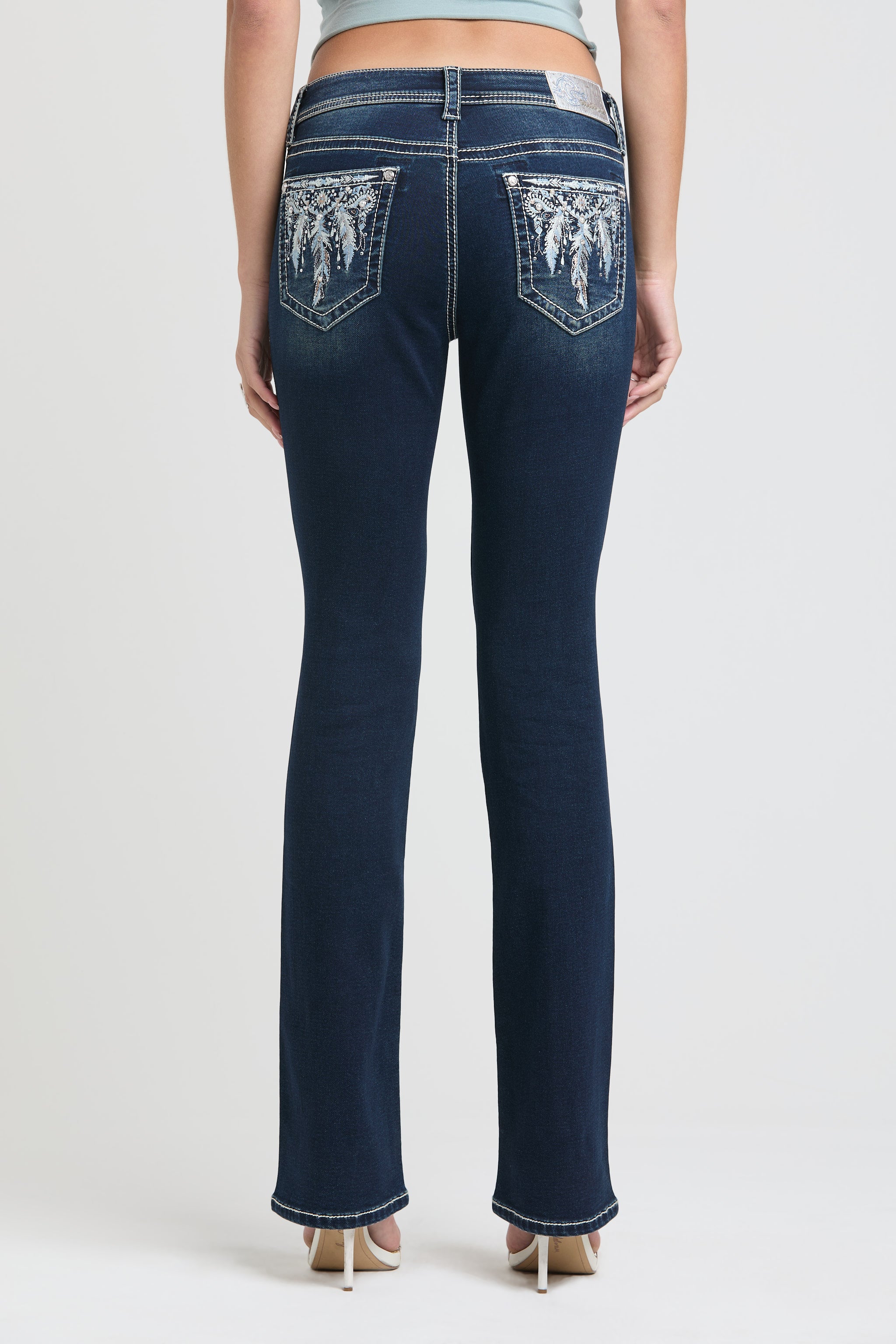 Feather Embroidery Mid Rise Bootcut Soft Denim Jeans