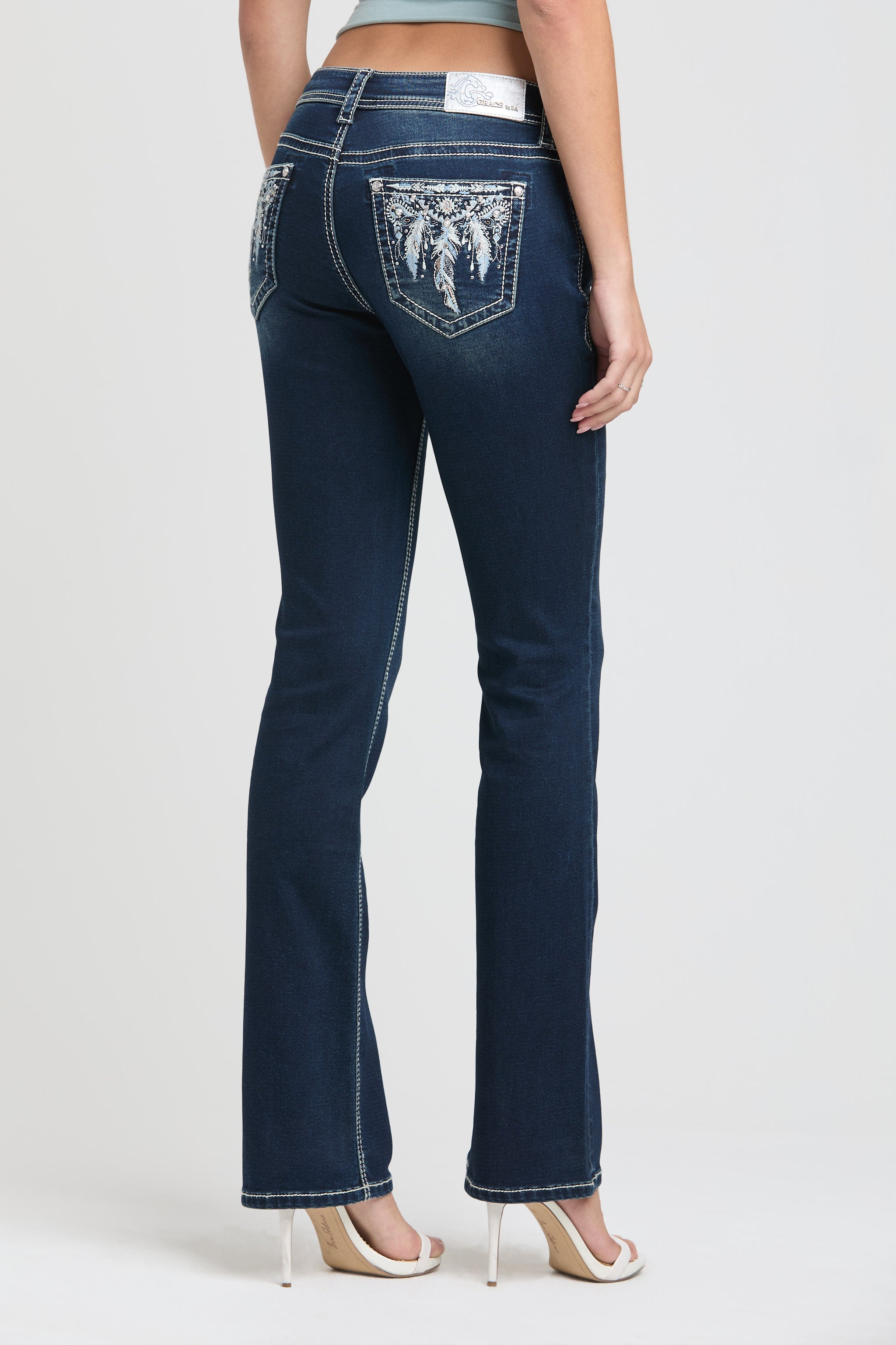 Feather Embroidery Mid Rise Bootcut Soft Denim Jeans