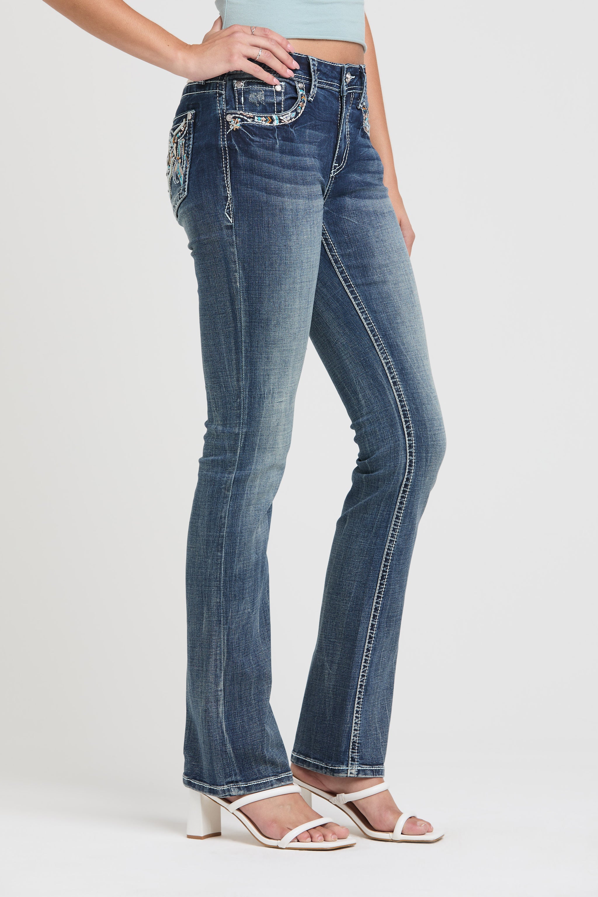 Steer Head Modify Mid Rise Bootcut Embroidered Jeans