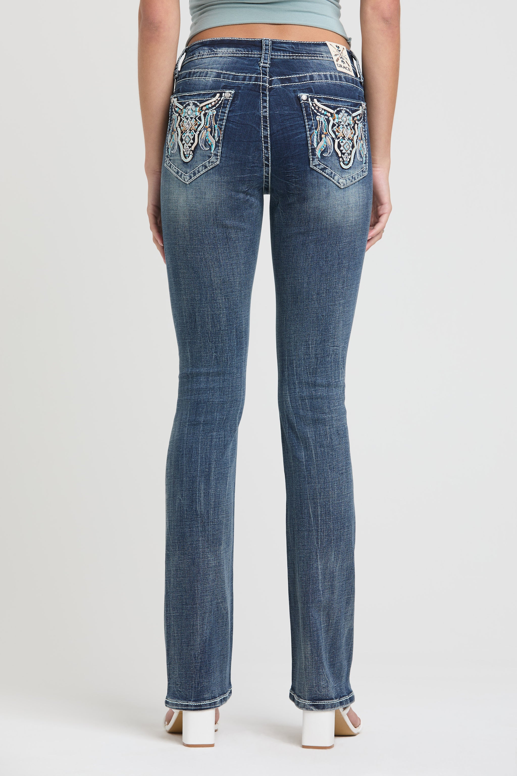 Steer Head Modify Mid Rise Bootcut Embroidered Jeans