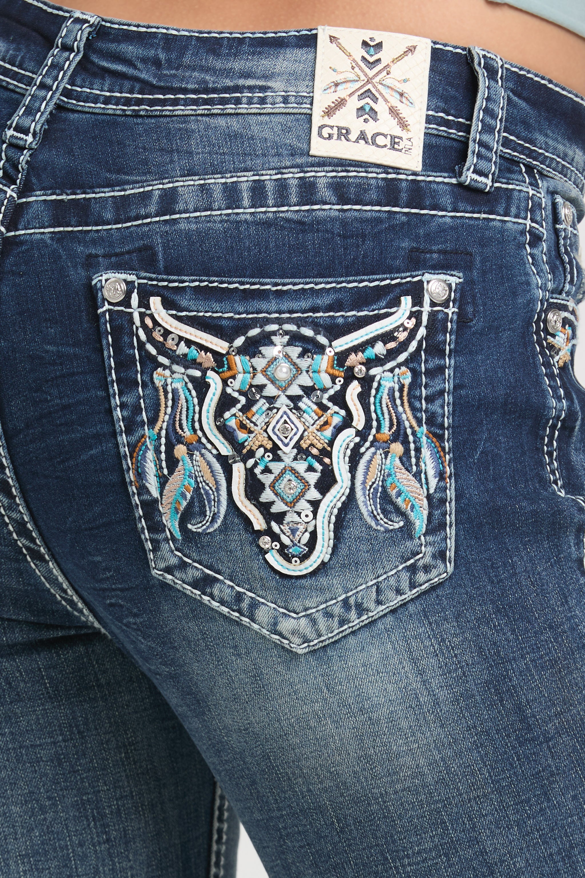 Steer Head Modify Mid Rise Bootcut Embroidered Jeans