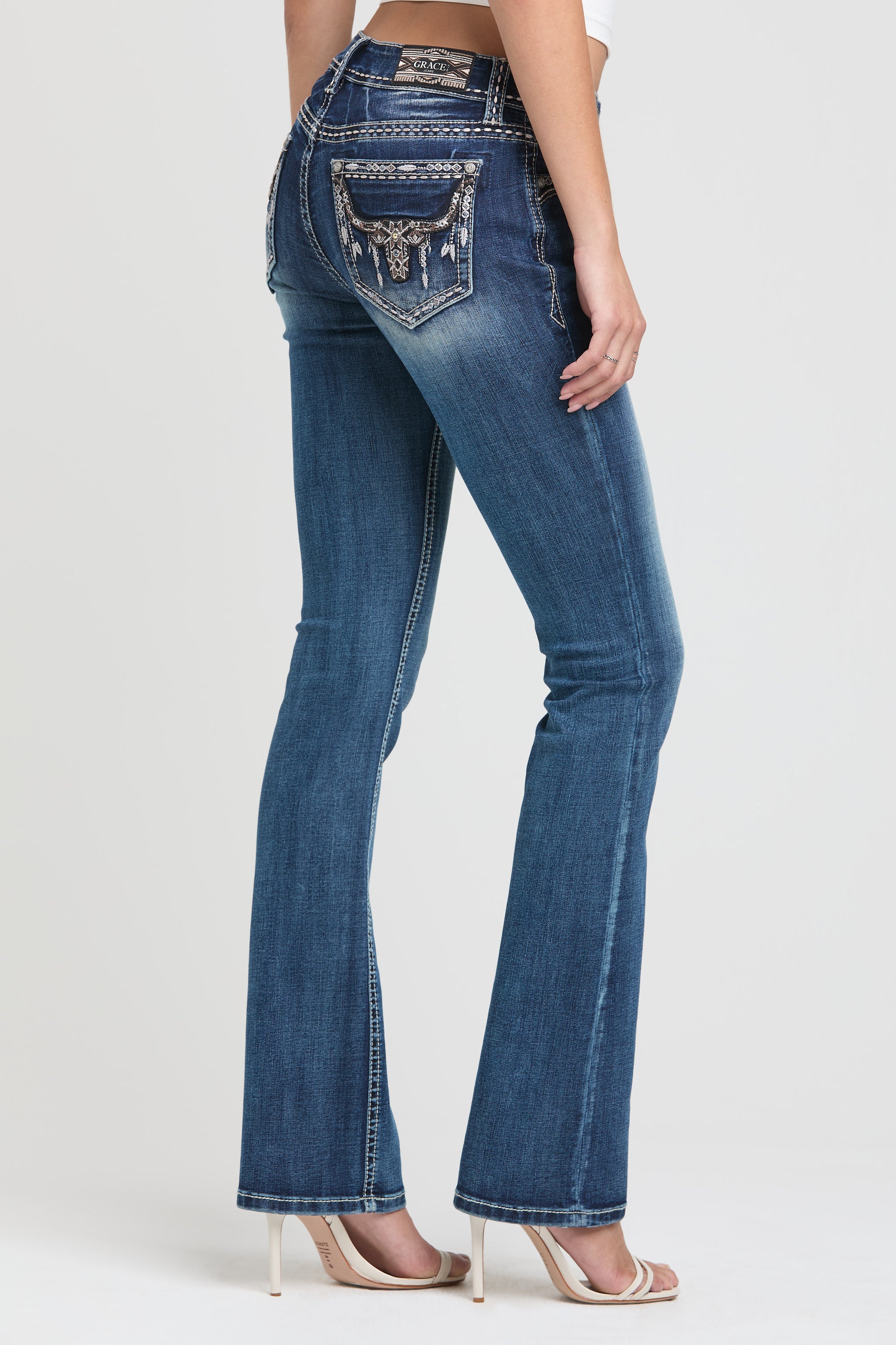 Aztec Embroidered Mid Rise Bootcut Jeans for Women – Grace in LA