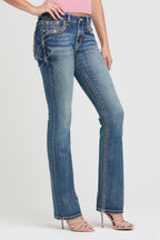 Horse Shoe/Floral Embroidery Mid Rise Bootcut Embroidered Jeans