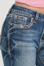 Horse Shoe/Floral Embroidery Mid Rise Bootcut Embroidered Jeans