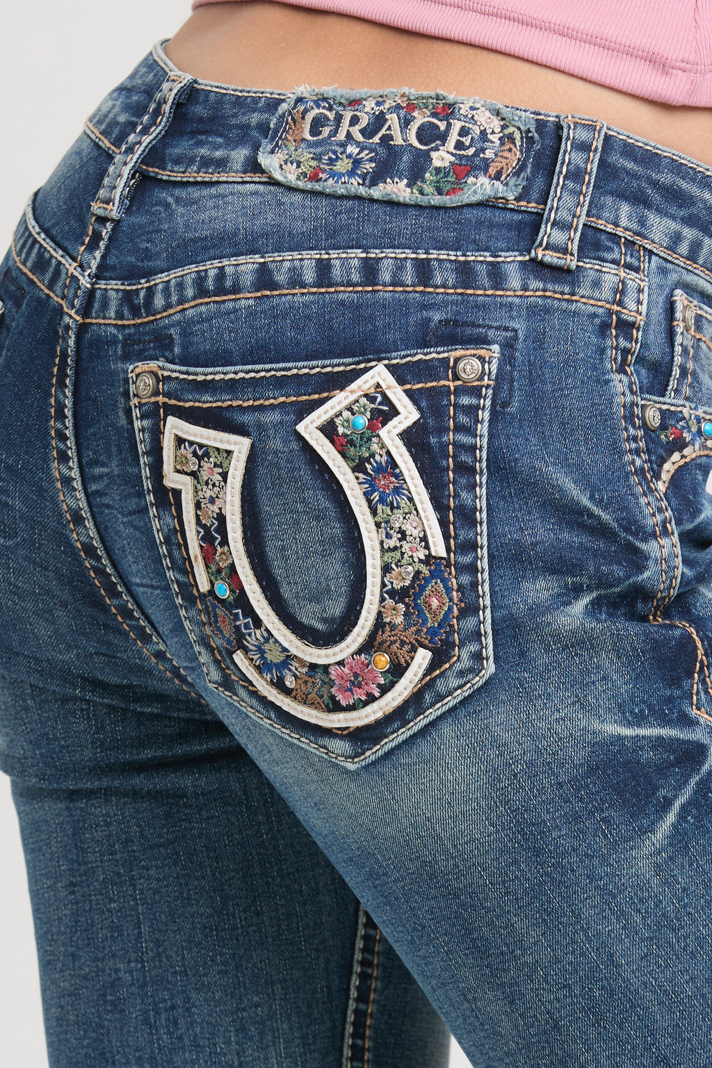 Horse Shoe/Floral Embroidery Mid Rise Bootcut Embroidered Jeans