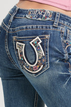 Horse Shoe/Floral Embroidery Mid Rise Bootcut Embroidered Jeans