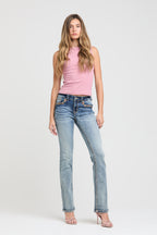 Butterfly Embroidery LT Blue Mid Rise Bootcut Embroidered Jeans