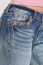 Butterfly Embroidery LT Blue Mid Rise Bootcut Embroidered Jeans
