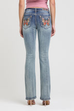Butterfly Embroidery LT Blue Mid Rise Bootcut Embroidered Jeans
