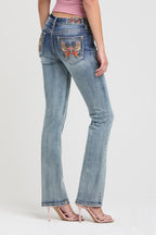 Butterfly Embroidery LT Blue Mid Rise Bootcut Embroidered Jeans