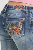 Butterfly Embroidery LT Blue Mid Rise Bootcut Embroidered Jeans
