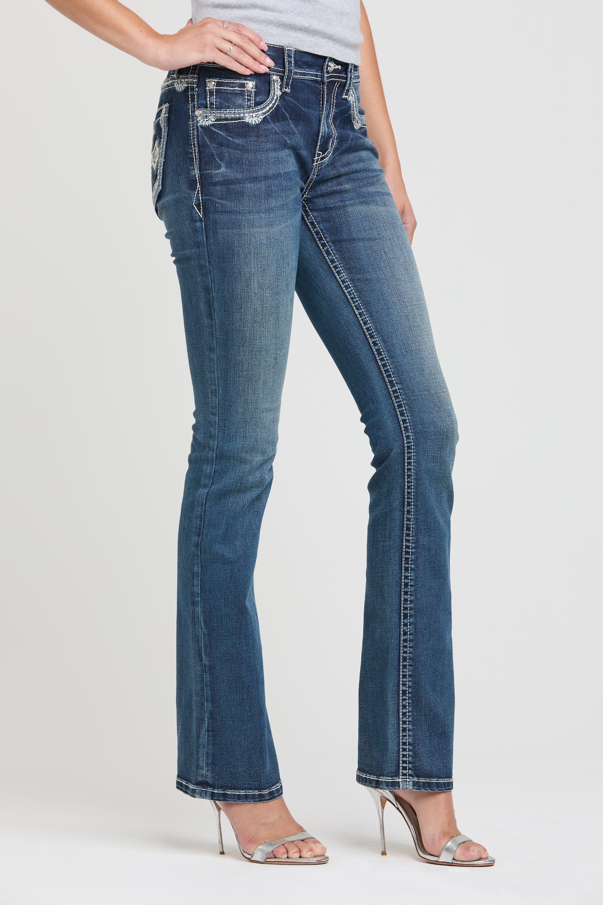 Cross Colored Embroidered Bootcut Jeans