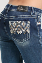Aztec Embroidery Mid Rise Bootcut Jeans Grace in LA - Denim