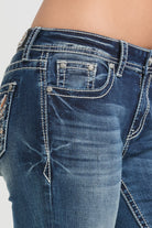 Grace in LA womens bootcut jeans featuring white western contrast stitching and a classic five-pocket design.